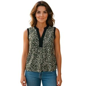 Essentials by Milano Cream and Brown Graphic Blouse with Bib Collar